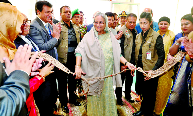 Marking the National Jute Day, Prime Minister Sheikh Hasina inaugurating jute goods fair at Bangabandhu International Conference Centre on Wednesday.-