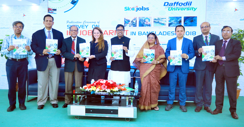 State Minister for ICT Division Zunaid Ahmed Palak unveiling the survey report on ICT Job Market in Bangladesh 2018' at Daffodil International University on Wednesday.