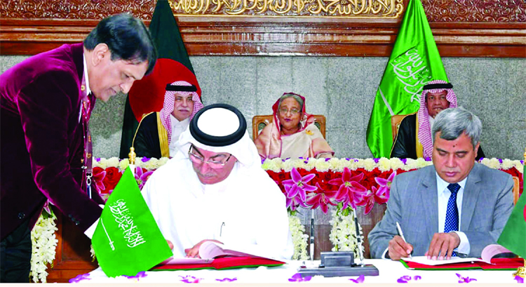 Bangladesh and Saudi Arabia signed two Investment Agreements and four MoUs on different sectors in presence of Prime Minister Sheikh Hasina at her office on Thursday. Saudi Minister for Commerce and Investment Majid Bin Abdullah Al Qasabi signing the docu