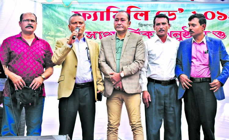 BFUJ Secretary General Shaban Mahmud speaking at a cultural function on the occasion of Family Day-2019 of Bangladesh Photo Journalists' Association at Zinda Park in Rupganj, Narayanganj on Friday. President and General Secretary of the association Golam