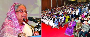 Prime Minister Sheikh Hasina speaking at a seminar on Historic 7th March speech of Bangabandhu Sheikh Mujibur Rahman at the Krishibid Institution auditorium in the city on Friday. PID photo