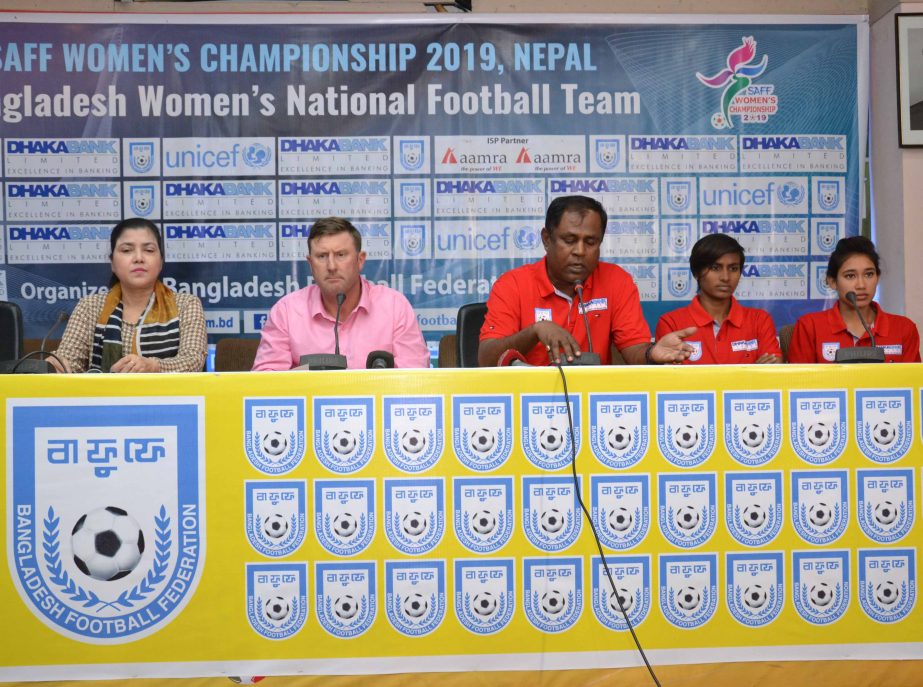 Head Coach of Bangladesh National Women's Football team Golam Rabbani Choton speaking at a press conference at the conference room of Bangladesh Football Federation (BFF) House on Saturday.