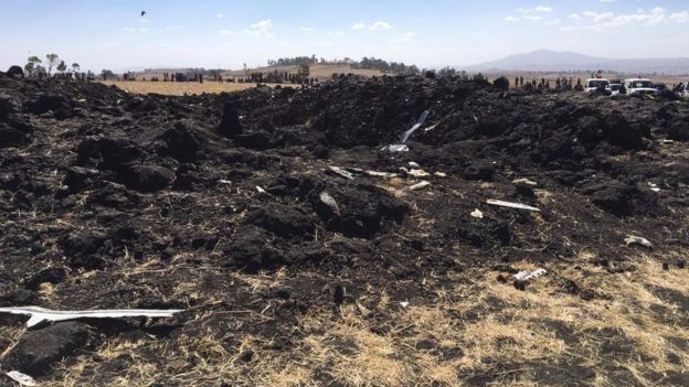 The crash site is around 60km (37 miles) south-east of the Ethiopian capital