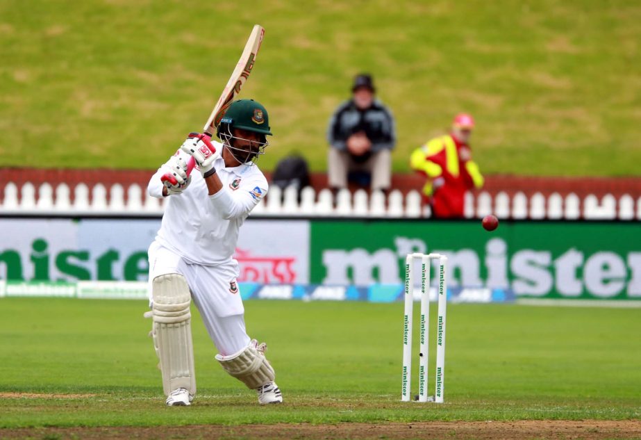 Tamim Iqbal of Bangladesh, tries to hit the ball during the third day of the second Test between Bangladesh and New Zealand at Wellington in New Zealand on Sunday. Tamim top-scored with 74. BCB photo