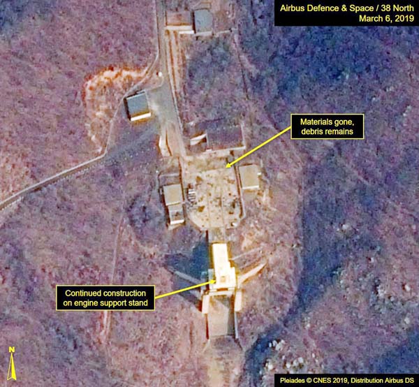 A satellite image of North Korea's Sohae Satellite Launching Station (Tongchang-ri) which Washington-based Stimson Center's 38 North says, "Rebuilding continues at the engine test stand" is seen in this image released from Washington.