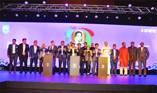 A scene from the draw ceremony of the Bangamata International Under-19 Women's Gold Cup Football Tournament held at the Pan Pacific Sonargaon Hotel in the city on Tuesday.