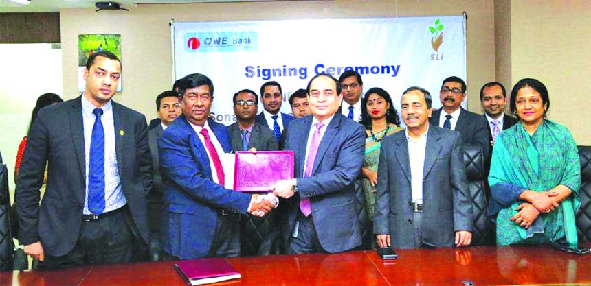 M Fakhrul Alam, Managing Director of ONE Bank Limited and Ajit Chandra Aich, Managing Director of Sonali Life Insurance Company Limited, exchanging an agreement signing document at the Bank's head office in the city on Tuesday. Under the deal, all the po