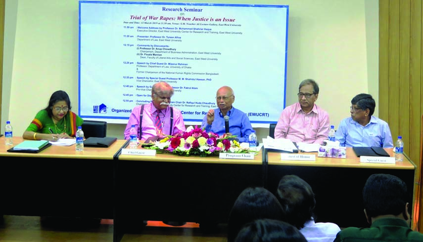 Former Chairman of the National Human Rights Commission Dr. Mizanur Rahman, among others, at a research seminar on 'War Rapes' held in the conference room of East West University in the city's Aftabnagar on Tuesday.