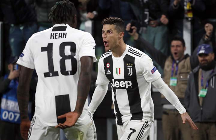 Juventus' Cristiano Ronaldo celebrates after scoring his side's third goal during the Champions League round of 16, 2nd leg, soccer match between Juventus and Atletico Madrid at the Allianz stadium in Turin, Italy on Tuesday.