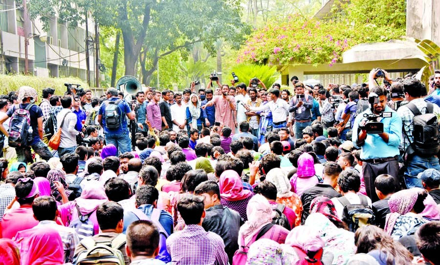 Members of various panels including left alliance students who boycotted the Monday's DUCSU election on Wednesday staged sit-in in front of VC's office, demanding announcement of fresh polls schedule within 3 days.