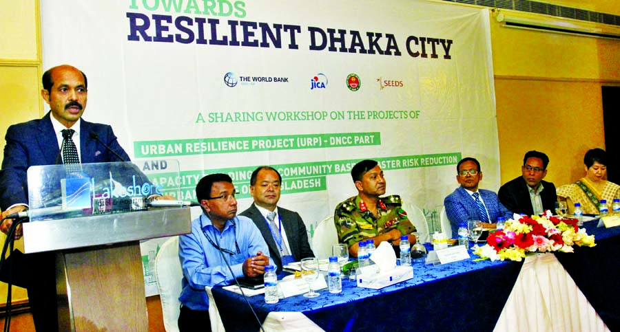 Dhaka North City Corporation (DNCC) Mayor Md Atiqul Islam speaking at a workshop on 'Towards Resilient Dhaka City' organized by Urban Resilience Project- DNCC at Hotel Lakeshore in the city on Thursday.