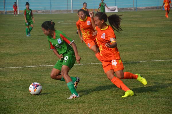 A moment of the football match of the Group-A of the SAFF Women's Championship between Bangladesh National Women's Football team and Bhutan National Women's Football team at the Sahid Rangashala in Biratnagar, Nepal on Thursday.