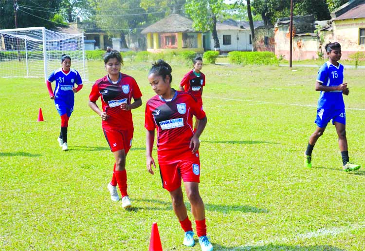 Players of Bangladesh National Women's Football team taking part at their practice session at Biratnagar in Nepal on Friday.