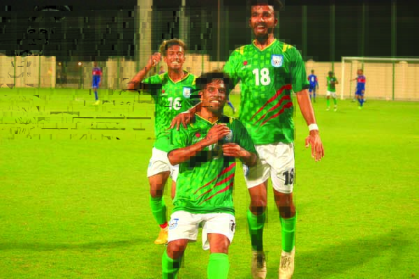 The players of Bangladesh U-23 Football team celebrating after scoring a goal against Al-Shahania SC in their first practice match held in Qatar on Friday.