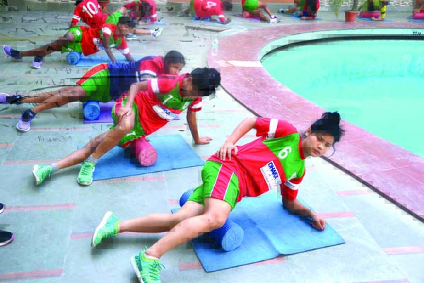 Members of Bangladesh National Women's Football team taking part at their practice session at Biratnagar in Nepal on Sunday.