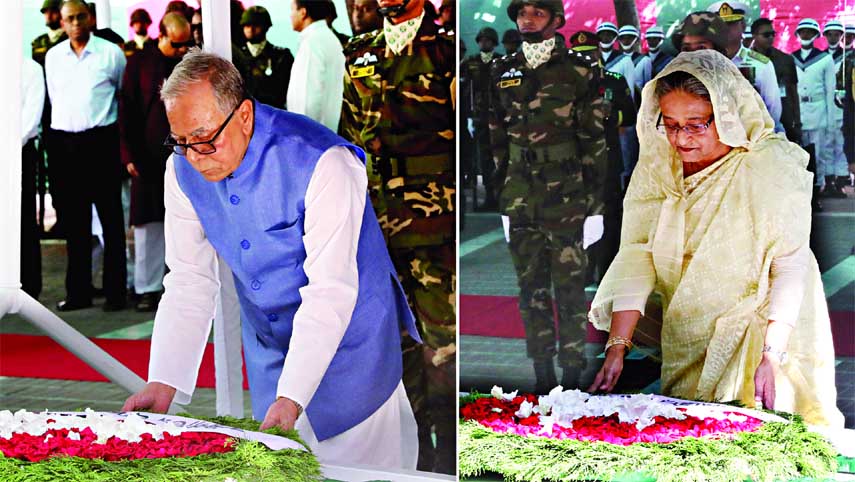 President Md Abdul Hamid and Prime Minister Sheikh Hasina placing wreaths at the Mazar and paid tributes to the Father of the Nation marking the 99th birth anniversary of Bangabandhu Sheikh Mujibur Rahman and National Children's Day on Sunday.