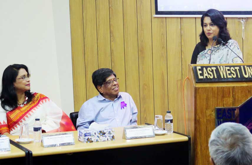 Syeda Rizwana Hasan, Chief Executive, Bangladesh Environmental Lawyers Association speaks at a discussion meeting marking International Women's Day at the East West University Campus, Aftabnagar in the city on last Thursday.