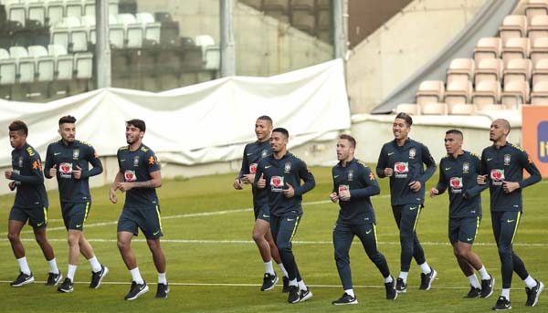 Players of Brazilian soccer team take part in a training at the Bessa stadium in Porto, Portugal on Monday. Brazil will face Panama in a friendly soccer match in Porto on March 23.