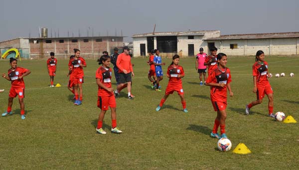 Members of Bangladesh National Women's Football team during their practice session at Biratnagar in Nepal on Tuesday.