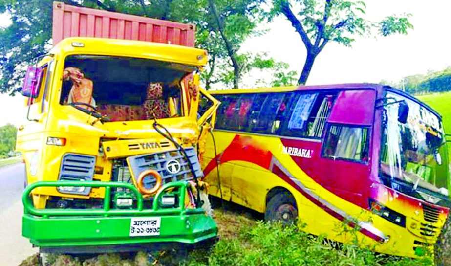 Three including bus helper were killed when a goods laden covered van hit a bus at Peerganj Upazila in Rangpur on Tuesday.