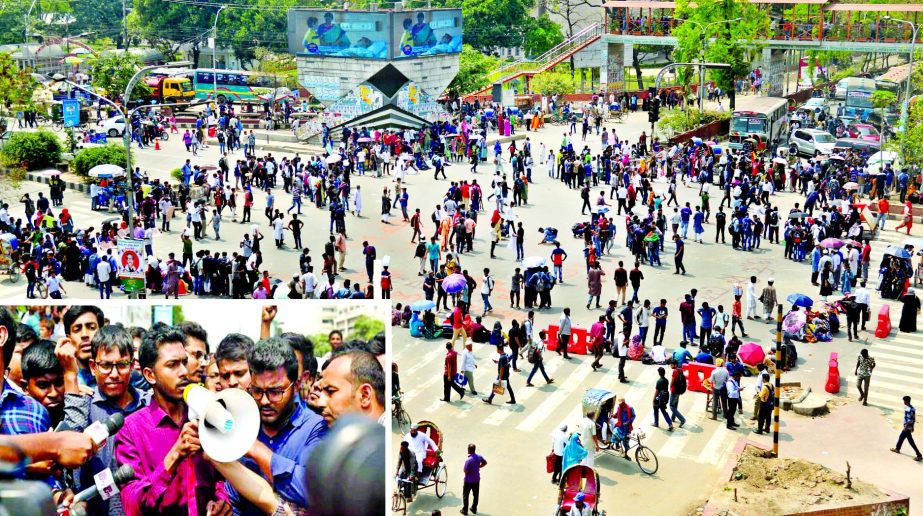 Hundreds of students of universities, colleges and schools also blocked the city's key Shahbagh intersection as movement for safe roads spread across the capital on Wednesday. (Inset) DUCSU VP Nurul Haque Nur addressing the demonstration as he and other