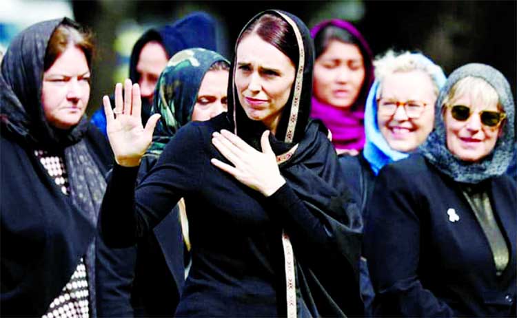 New Zealand's Prime Minister Jacinda Ardern leaves after the Friday prayers at Hagley Park outside Al-Noor mosque in Christchurch.