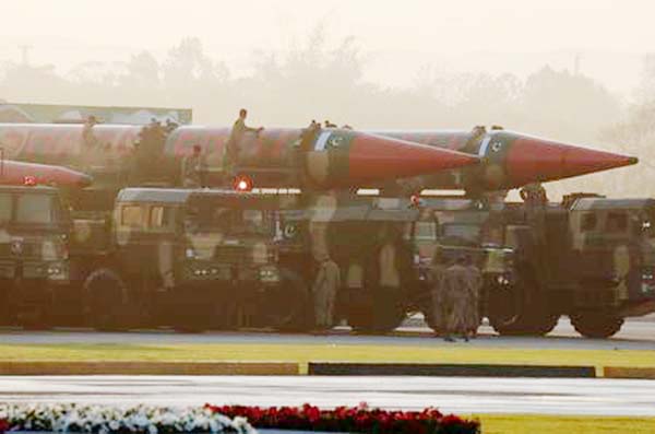 Shaheen missiles get cleaned before the start of the Pakistan Day military parade in Islamabad on Saturday.