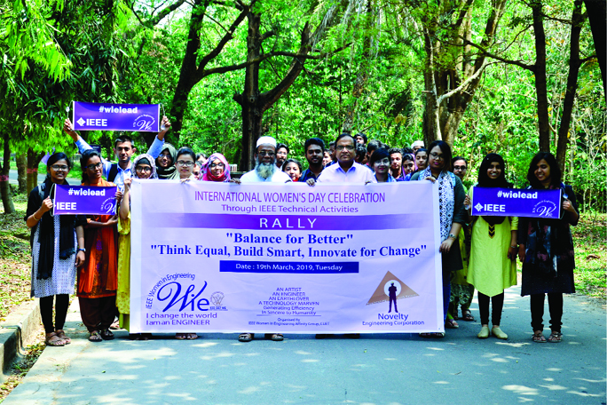 A view of the jubilant rally of World Women's Day was brought out on the CUET campus to mark the day on Tuesday.