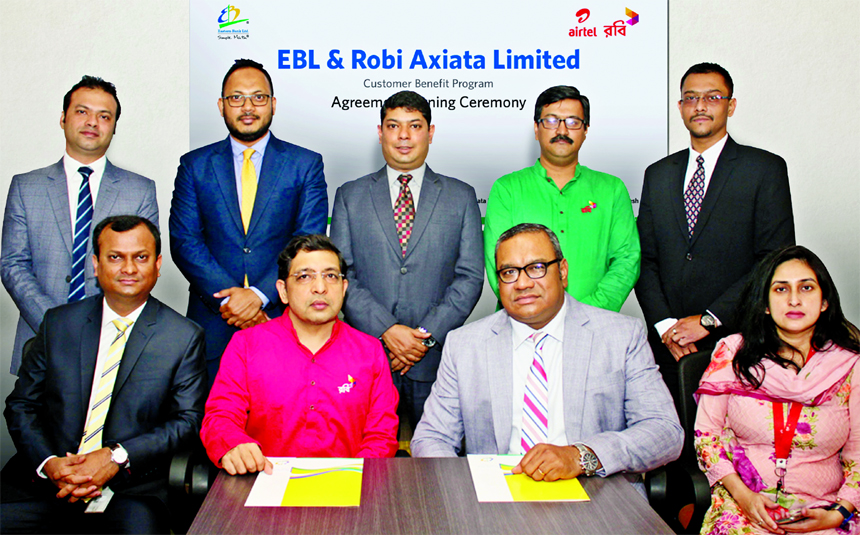 M. Khorshed Anowar, Head of Retail and SME Banking, Eastern Bank Ltd (EBL) and Avinash Mathur, Vice President of Data and Device - Market Operations, Robi Axiata Limited signed a customer benefit agreement in Dhaka recently. Under the arrangement, EBL ca