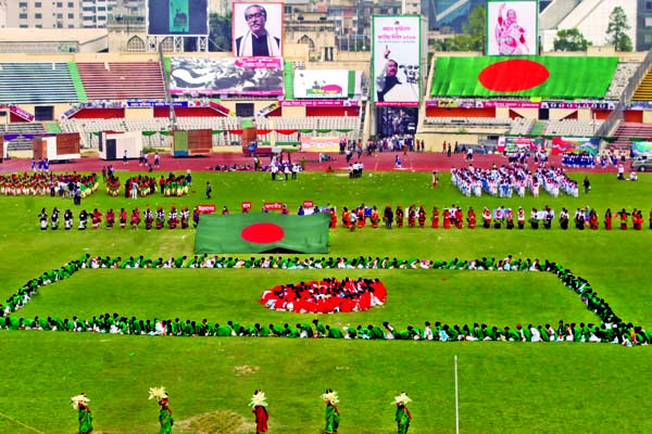 Preparation for 'march-past' at the Independence and National Day on March 26. This photo was taken from Bangabandhu National Stadium on Sunday.