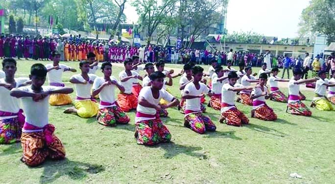 KISHOREGANJ: Children participating at a display at Syed Nazrul Islam Stadium marking the Independence and National Day on Tuesday.