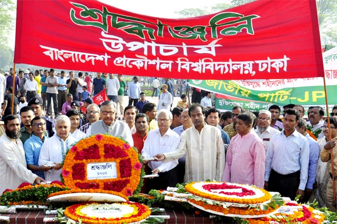 Prof Dr Saiful Islam, Vice-Chancellor of Bangladesh University of Engineering and Technology (BUET) pays tribute to the martyrs of the War of Liberation in 1971 by placing wreaths at the National Memorial in Savar on Tuesday marking the 49th Independen