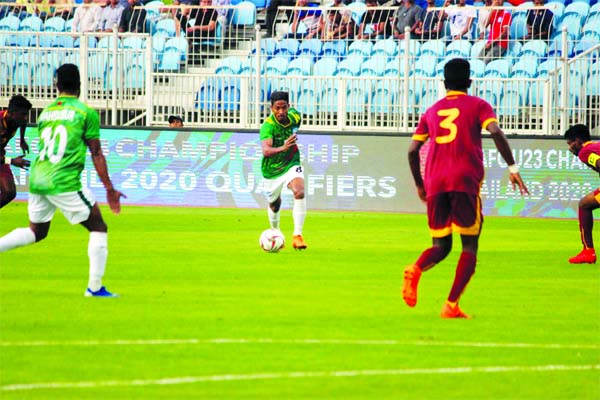 A view of the Group-B match of the AFC U-23 Championship Qualifiers between Bangladesh Under-23 Football team and Sri Lanka Under-23 Football team at the Khalifa Sports City Stadium in Isa Town, Bahrain on Tuesday evening.