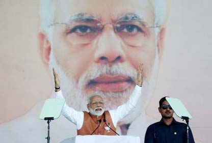 India's Prime Minister Narendra Modi gestures as he addresses an election campaign rally in Meerut in the northern Indian state of Uttar Pradesh, India, on Thursday.