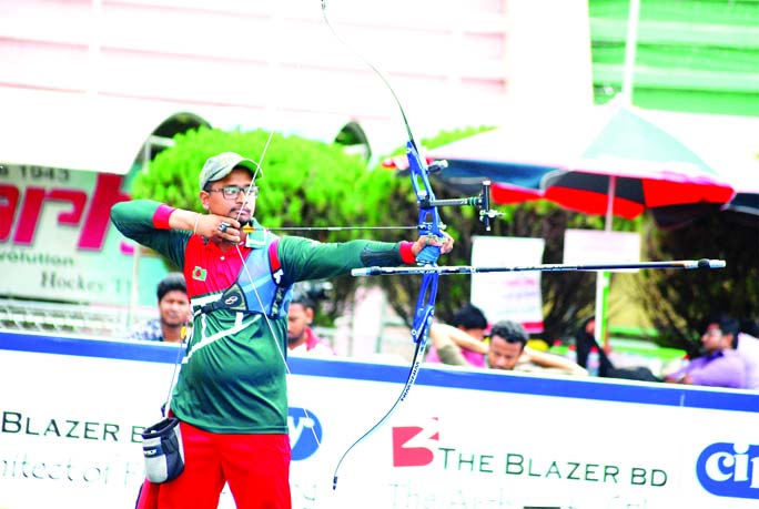 Mohammad Ruman Shana of Bangladesh in action during the semi-final match of the Recurve Bow Men's Individuals Event of the Asia Cup World Ranking Archery Tournament at Bangkok in Thailand on Thursday. Ruman moved into the final beating Thai archer Thamwo