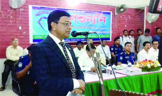 SAPAHAR(Naogaon): Dr Md Mozammel Huq Khan, Commissioner, Anti- Corruption Commission speaking at discussion meeting on corruption and mass hearing organised by Sapahar Anti- Corruption Committee as Chief Guest recently.