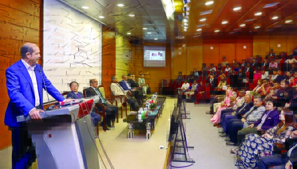 Mayor of Dhaka North City Corporation Atiqul Islam speaking at a ceremony titled "NSU Law Fest 2019"" on the NSU campus in the city on Monday."