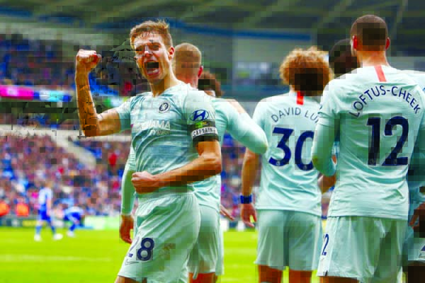 Chelsea`s Cesar Azpilicueta scores their first goal against Cardiff City at Cardiff City Stadium, Cardiff, Britain on Sunday.