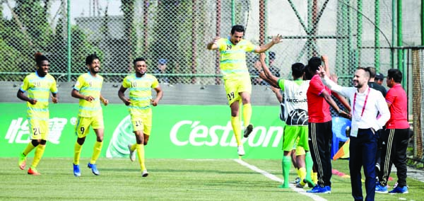 Members of Dhaka Abahani Limited celebrating after beating Nepalese side Manang Marshyangdi in their opening match of the AFC Cup at Kathmandu, the capital city of Nepal on Wednesday.