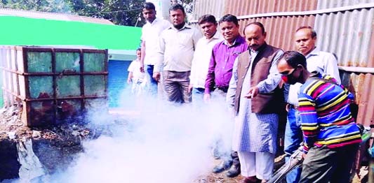 RANGPUR: City Councillor Mahbubar Rahman Manju inaugurating the 'Mosquito Elimination Programme-2019' by spraying insecticides by mosquito fogger machine at Hajipara Chamrapotti area at Ward No 21 as Chief Guest on Wednesday.