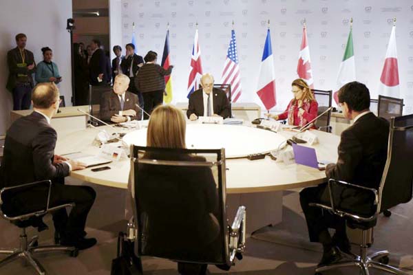 From left to right, Germany's Foreign Minister Heiko Maas, US Deputy Secretary of State John J. Sullivan, European Union High Representative for Foreign Affairs and Security Policy Federica Mogherini, French Foreign Minister Jean-Yves Le Drian, Canada's
