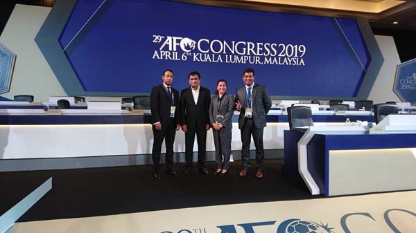 Chairperson of the Women's Football Committee of BFF Mahfuza Akter Kiron (second from right) poses with the other BFF officials after electing as Asian Football Confederation (AFC) female executive committee member again at Kuala Lumpu