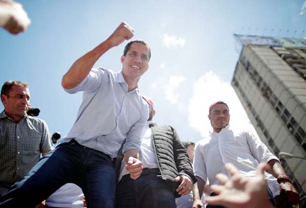 Venezuelan opposition leader Juan Guaido, who many nations have recognised as the country's rightful interim ruler, attends a rally against Venezuelan President Nicolas Maduro's government in Caracas, Venezuela on Saturday.