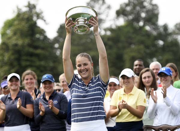 Jennifer Kupcho celebrates her win during the Augusta National Women's Amateur Golf tournament at Augusta National Golf Club in Augusta, Georgia on Saturday.