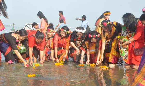 Ethnic community celebrated traditional 'Biju' Festival marking the first day of Bengali New Year in Chattogram yesterday. This picture was taken from Patenga Beach yesterday.