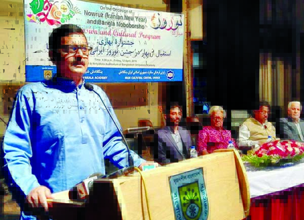 State Minister for Shipping Khalid Mahmud Chowdhury speaking at a discussion on the occasion of Nowruz (Iranian New Year) and Bangla Nababarsha organised jointly by Iran Culture Center and Bangladesh Shilpakala Academy at the Shilpakala Academy in the cit