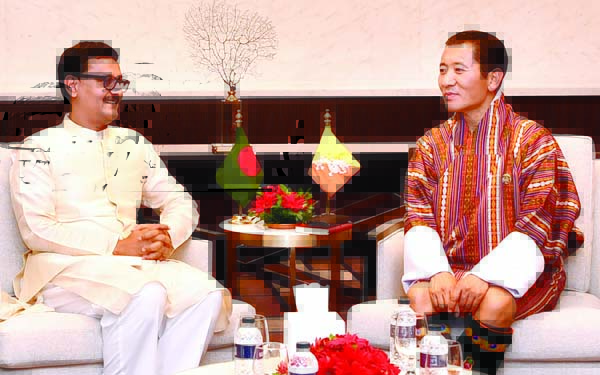 Bhutanese Prime Minister Dr. Lotay Tshering at a discussion with the State Minister for Shipping Khalid Mahmud Chowdhury on various issues including using of Chattogram and Mongla Ports at InterContinental Hotel in the city on Saturday.