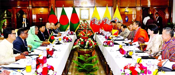 Prime Minister Sheikh Hasina and visiting Bhutanese counterpart Dr Lotay Tshering holding bilateral talks at Prime Minister's Office (PMO) on Saturday. Representatives of both countries were present during the talks.