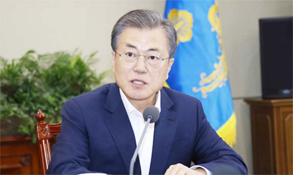 South Korean President Moon Jae-in speaks during a meeting with his aids at the presidential Blue House in Seoul, South Korea on Monday.