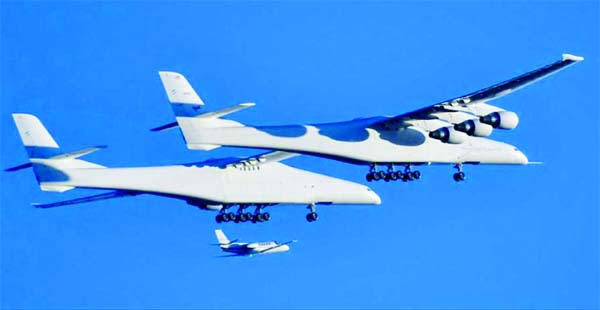 The world's largest airplane, built by late Paul Allen's company Stratolaunch Systems, makes its first test flight in Mojave, California, US.